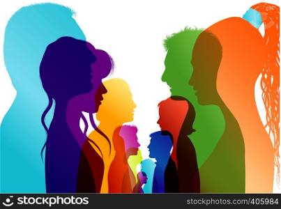 Group of isolated colored silhouette people talking. Communication between the crowd. Dialogue people profile. Discussion or comparison between friends. Conference or debate. Multiple exposure