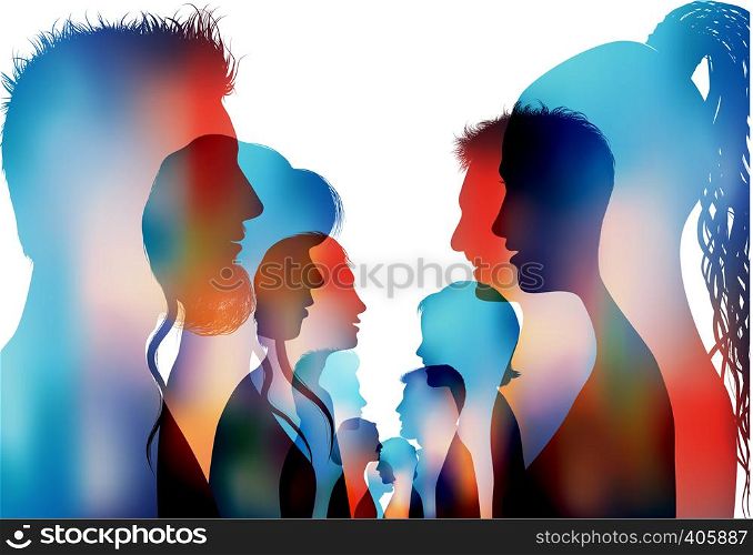 Group of isolated colored silhouette people talking. Dialogue of profile people. Communication between the crowd. Discussion or comparison between friends. Conference or debate. Multiple exposure