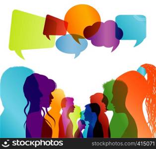 Group of isolated multicolored people talking. Faces silhouette head profile. Networking communication. Crowd speaks. Speech bubble. Dialogue with multi-ethnic people. Social network