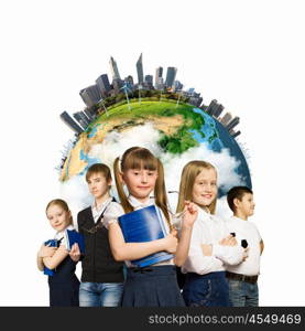 Group of kids. Image of kids of school age. Choosing profession. Elements of this image are furnished by NASA