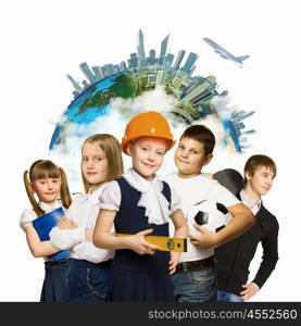 Group of kids. Image of kids of school age. Choosing profession. Elements of this image are furnished by NASA