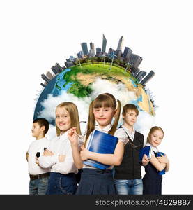 Group of kids. Image of kids of school age. Choosing profession. Elements of this image are furnished by NASA