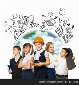Group of kids. Image of kids of school age. Choosing profession. Elements of this image are furnished by NASA