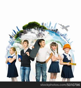 Group of kids. Image of kids of school age. Choosing profession. Elements of this image are furnished by NASA