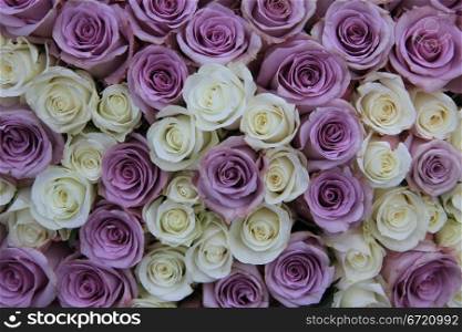 Group of lilac and white roses in flower arrangement