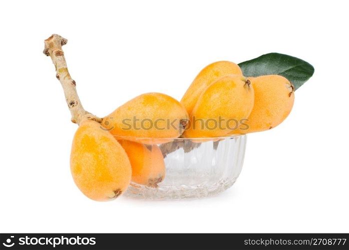 Group of loquat fruits isolated on white background. Tropical fruit.