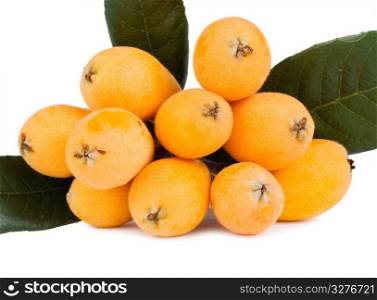 Group of loquat fruits isolated on white background. Tropical fruit.