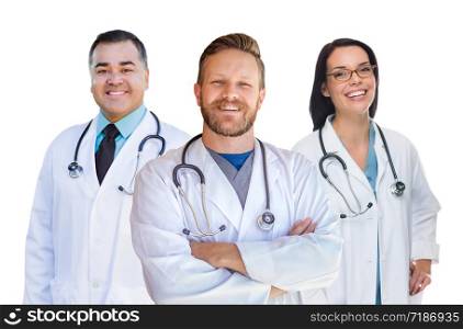Group Of Mixed Race Male and Female Doctors of Nurses Isolated On White Background.