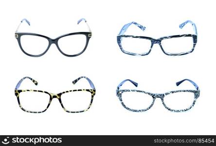 Group of modern fashionable spectacles isolated on white background, Perfect reflection, Glasses