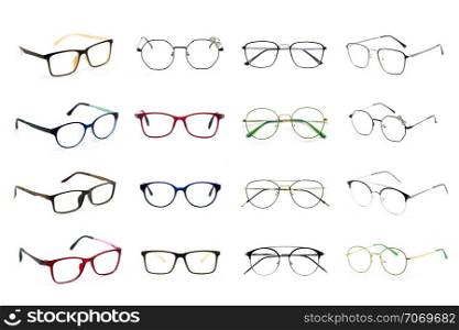 Group of modern fashionable spectacles isolated on white background, Perfect reflection, Glasses frame.