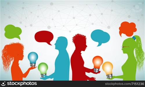 Group of multi-ethnic people sharing ideas with a light bulb in their hands. Communication and discussion community social network. Forum meeting group of friends or teamwork. Speech bubble