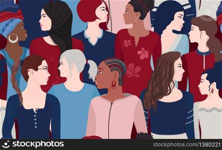 Group of multiethnic multicultural women who talk and share ideas and information. Communication diverse female portrait. Female's empowerment movement. Crowd women seamless pattern