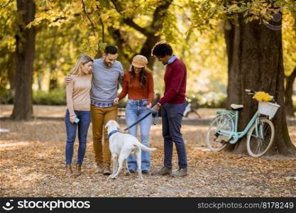 Group of multiracial young people walking in the autumn park and having fun