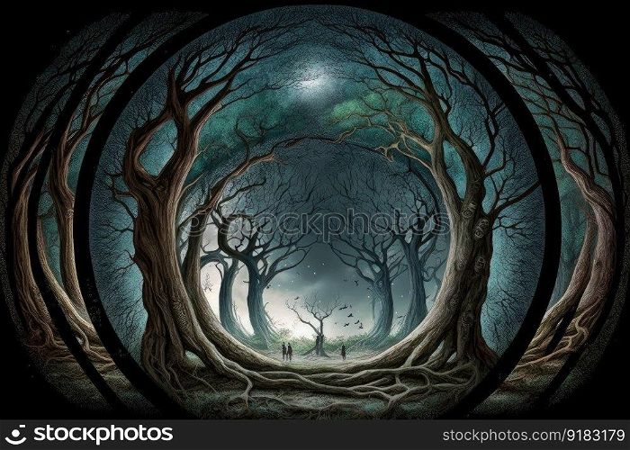 group of mystical trees standing in circle, with the center open for entrance, created with generative ai. group of mystical trees standing in circle, with the center open for entrance