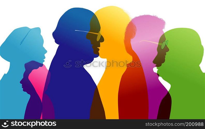 Group of old people talking. Dialogue between old people. Conversation in mature age. Colored silhouette profile. Multiple exposure