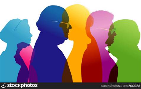 Group of old people talking. Dialogue between old people. Conversation in mature age. Colored silhouette profile. Multiple exposure