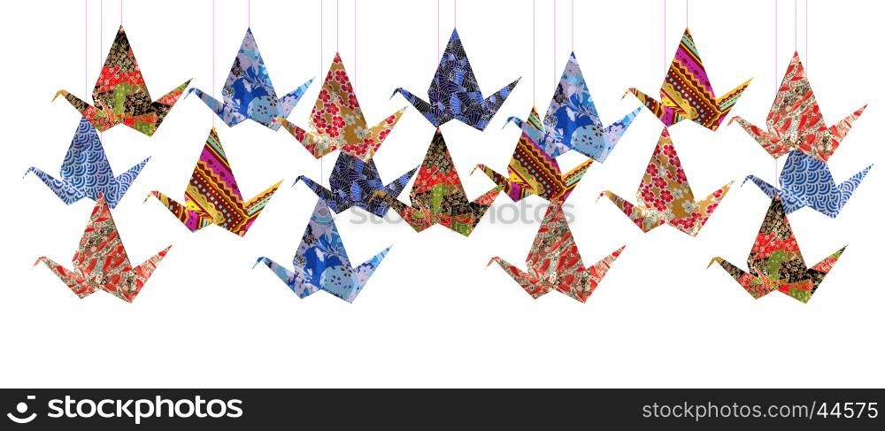 Group of Origami paper birds on white background