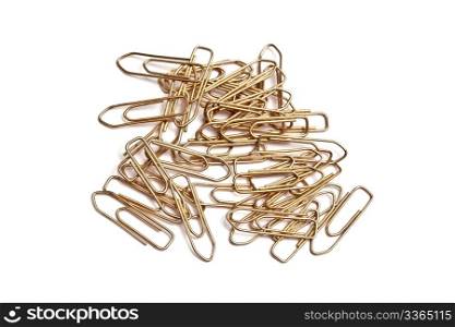 Group of paperclips closeup on white background