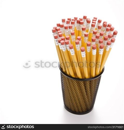 Group of pencils in pencil holder.