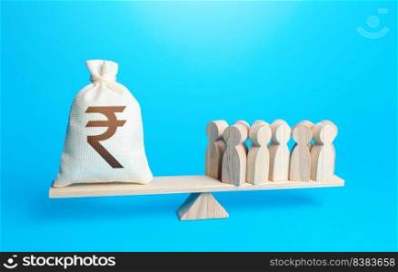 Group of people and indian rupee sterling money bag on weight scales. Staff maintenance. Payment of staff salaries. Investors investments, shareholders. Financial support. Profit from productivity.