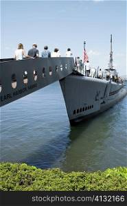 Group of people boarding on a military ship, USS Bowfin, Pearl Harbor, Honolulu, Oahu, Hawaii Islands, USA