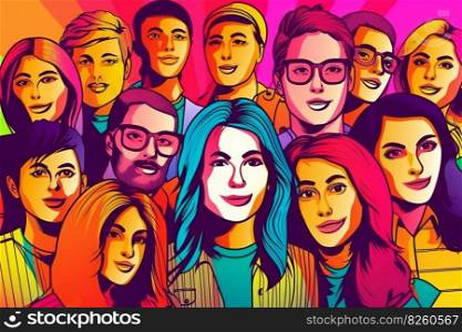 Group of people colorful illustration done in pop art style. Unification of people of different cultures and nationalities. AI generated illustration. Group of people. AI generated illustration