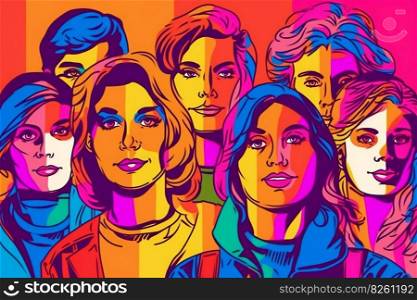 Group of people colorful illustration done in pop art style. Unification of people of different cultures and nationalities. AI generated illustration. Group of people. AI generated illustration