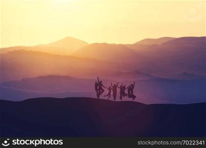 Group of people jumping high on the hill during sunset. Joy and happiness. 3D illustration.. Group of people jumping high on the hill