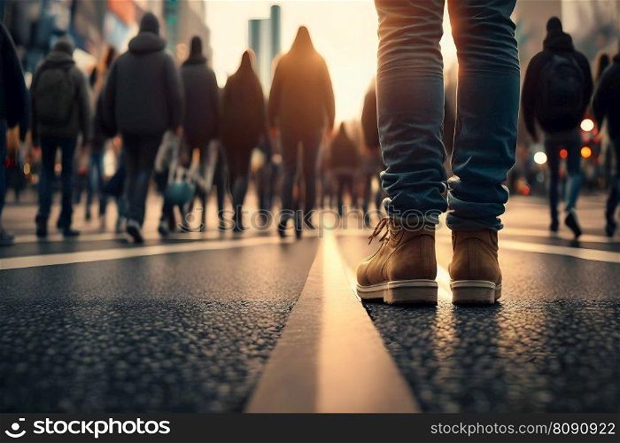 Group of people walking on the crosswalk. Neural network AI generated art. Group of people walking on the crosswalk. Neural network AI generated