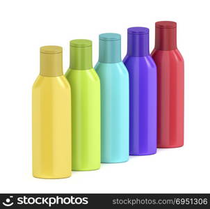 Group of plastic bottles for cosmetic liquids with different colors