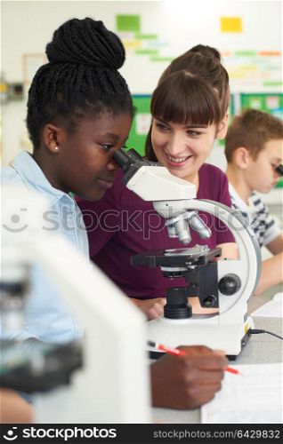 Group Of Pupils With Teacher Using Microscopes In Science Class
