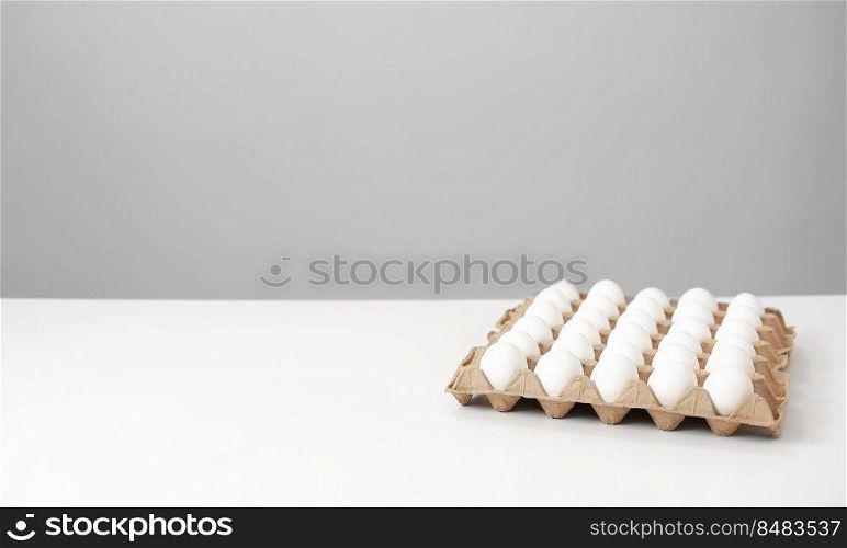 Group of raw chicken eggs in paper egg tray White and grey background. Fresh white Eggs in a cardboard cassette. Organic food from nature good for health. copy space. Group of raw chicken eggs in paper egg tray White and grey background. Fresh white Eggs in a cardboard cassette. Organic food from nature good for health. copy space.