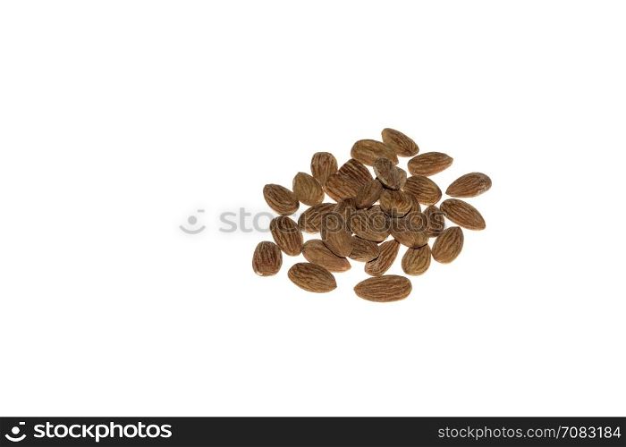 group of roasted almonds with salt , isolated on white background
