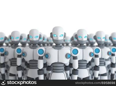 Group of robot on white, artificial intelligence in futuristic t. Group of robot on white, artificial intelligence in futuristic technology concept, 3d illustration. Group of robot on white, artificial intelligence in futuristic technology concept, 3d illustration