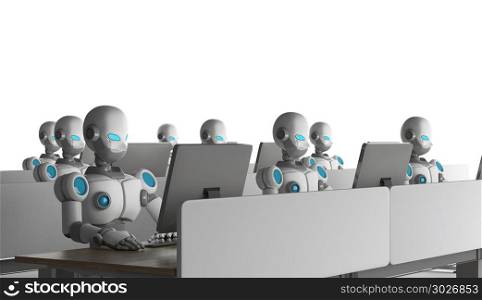 Group of robots using computers on white background. Artificial . Group of robots using computers on white background. Artificial intelligence in futuristic technology concept, 3d illustration. Group of robots using computers on white background. Artificial intelligence in futuristic technology concept, 3d illustration