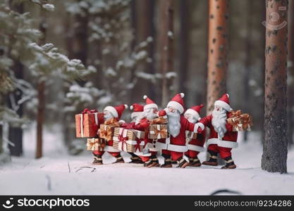 Group of Santa Clauses in snowy forest on Christmas New Year Day, fabulous creatures, futuristic fictional illustration of cheerful characters. AI generated.. Group of Santa Clauses in snowy forest on Christmas New Year Day, fabulous creatures. AI generated.