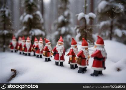 Group of Santa Clauses in snowy forest on Christmas New Year Day, fabulous creatures, futuristic fictional illustration of cheerful characters. AI generated.. Group of Santa Clauses in snowy forest on Christmas New Year Day, fabulous creatures. AI generated.