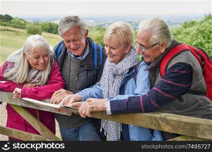 Group Of Senior Friends Hiking In Countryside Standing By Gate Looking At Map