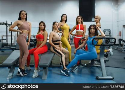 Group of sexy women poses at exercise machine in gym, front view. People on fitness workout in sport club, athletic girls in sportswear on training indoors. Group of women poses at exercise machine in gym
