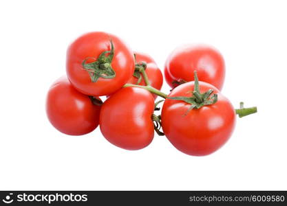 group of six red fresh tomatoes, isolaetd on white