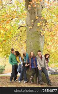 Group Of Six Teenage Friends Leaning Against Tree In Autumn Park