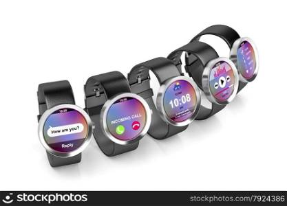Group of smartwatches with different interfaces