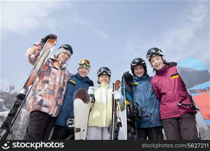 Group of Snowboarders in Ski Resort, low angle view