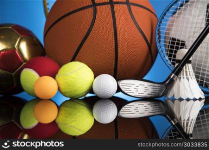 Group of sports equipment . Assorted sports equipment