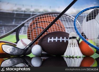 Group of sports equipment . Assorted sports equipment