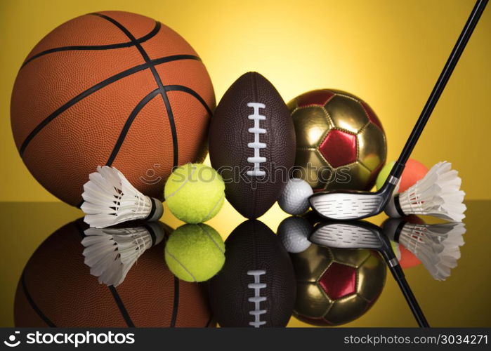 Group of sports equipment . Assorted sports equipment