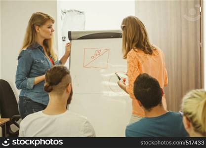 Group of students taking a part in maths lesson while sitting in lecture hall. Young teacher teaching mathematics, writing math formulas on the board. Teacher teaching mathematics to college students