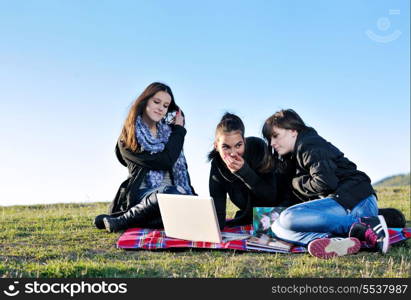 group of teen girl woman outdoor have fun and study homework on laptop computer