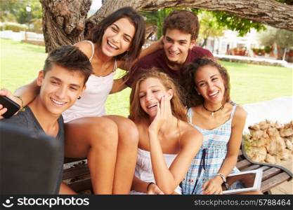 Group Of Teenagers Sitting On Bench Taking Selfie In Park