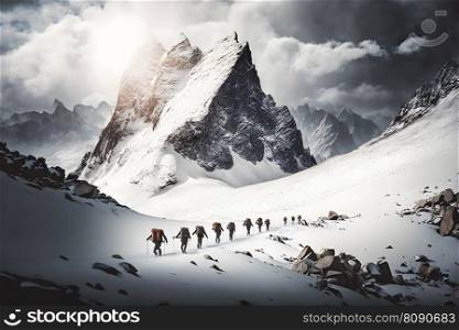 Group of tourists in winter in the mountains. Teamwork concept. Neural network AI generated art. Group of tourists in winter in the mountains. Teamwork concept. Neural network AI generated